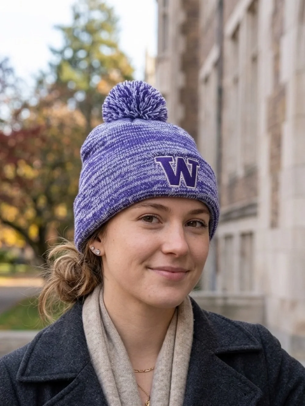 University of Washington Huskies Knit Pom Beanie Hat Gray And Purple EUC